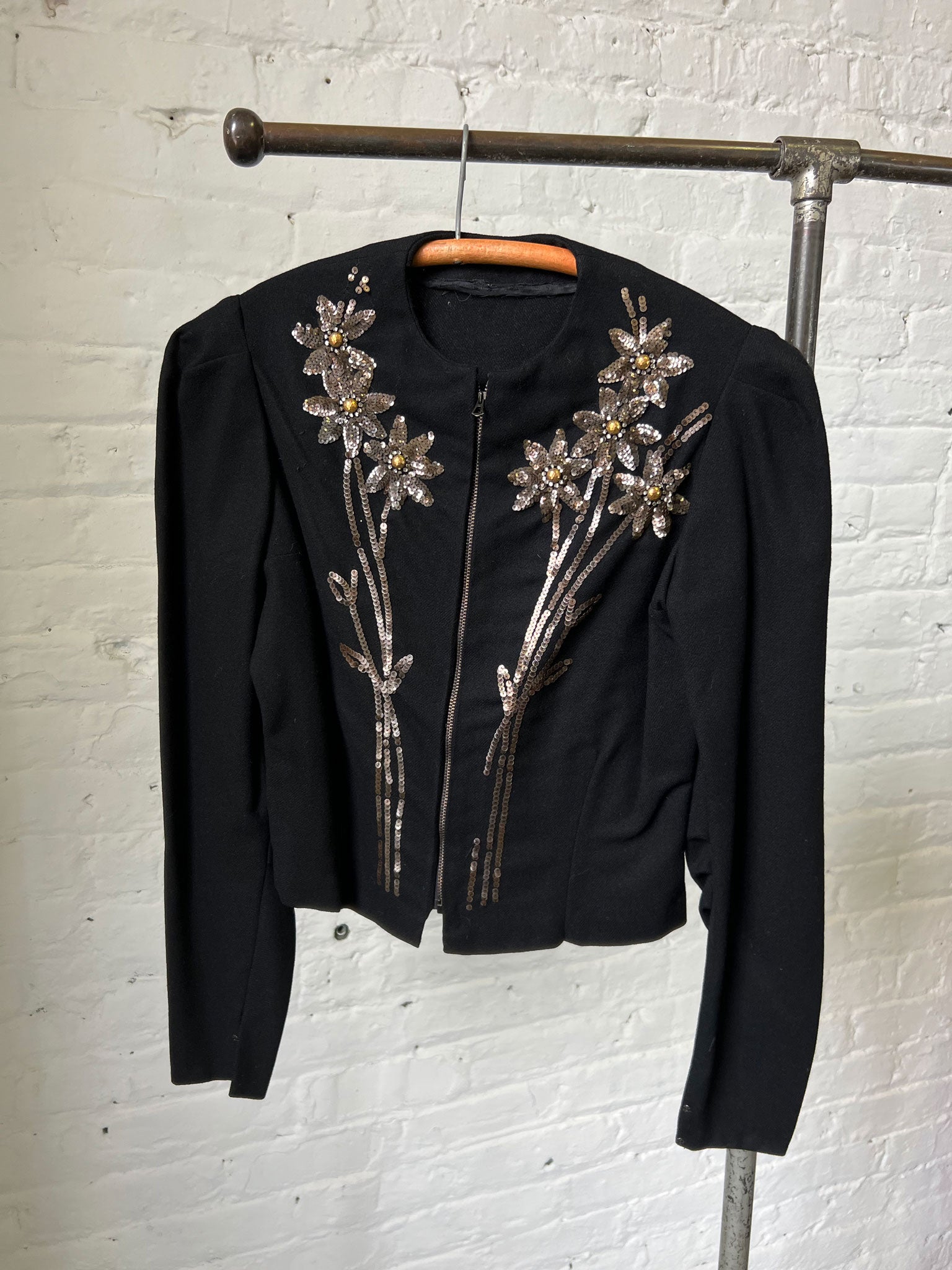 Vintage Early 1930's Black Wool Zip Up Jacket, Top with Sequins, Floral Motif Women's 30's