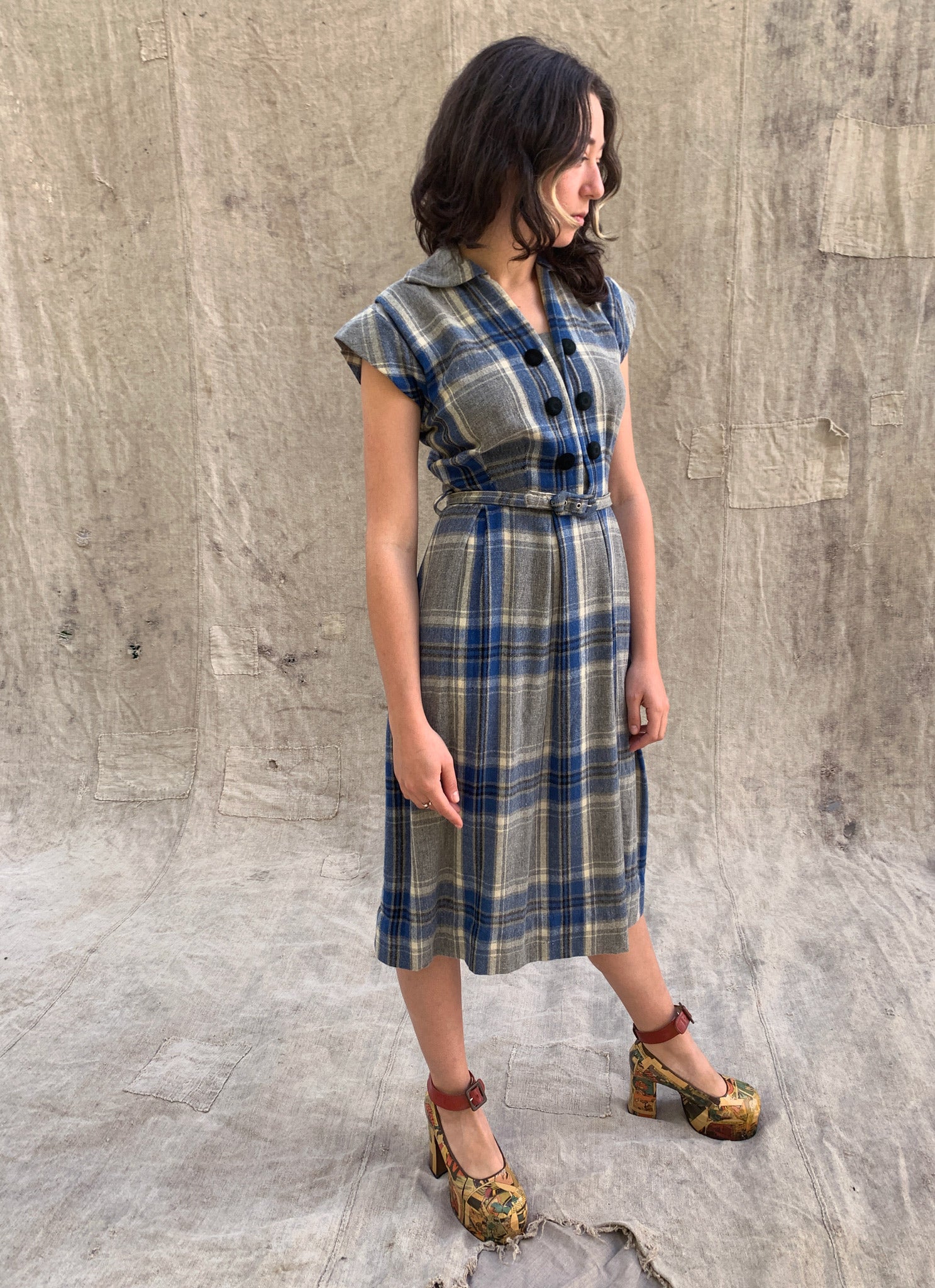 Vintage 1930's - 40's Blue and Grey Wool Plaid Dress