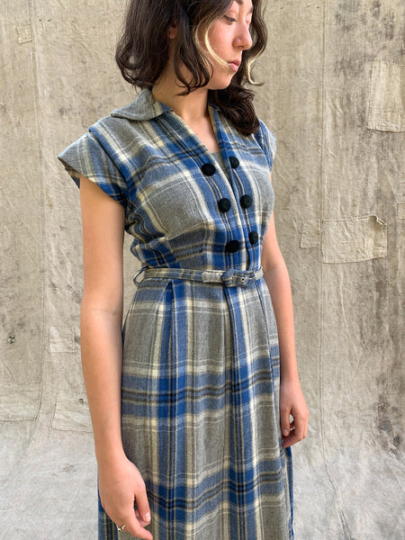 Vintage 1930's - 40's Blue and Grey Wool Plaid Dress