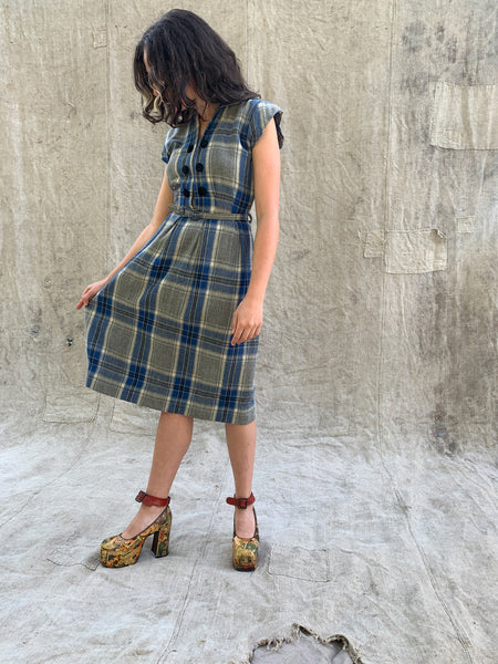 Vintage 1930's - 40's Blue and Grey Wool Plaid Dress