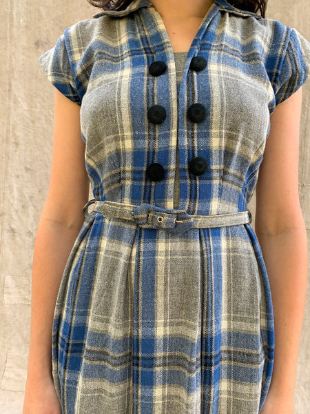 Vintage 1930's - 40's Blue and Grey Wool Plaid Dress