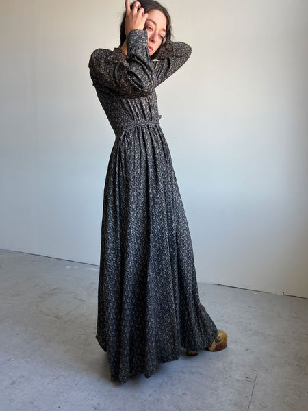 Antique 1880's Grey Calico Wrapper Dress, Women's Victorian Era