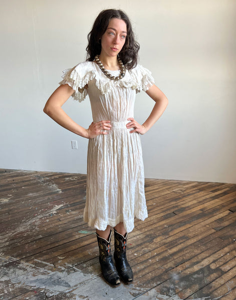 Vintage 1930's Or Earlier White Soft Cotton Dress, Ruffled, Mother of Pearl Buttons, Romantic