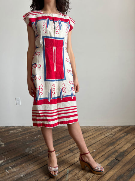Vintage 1930's Linen Red White & Blue Tablecloth Dress