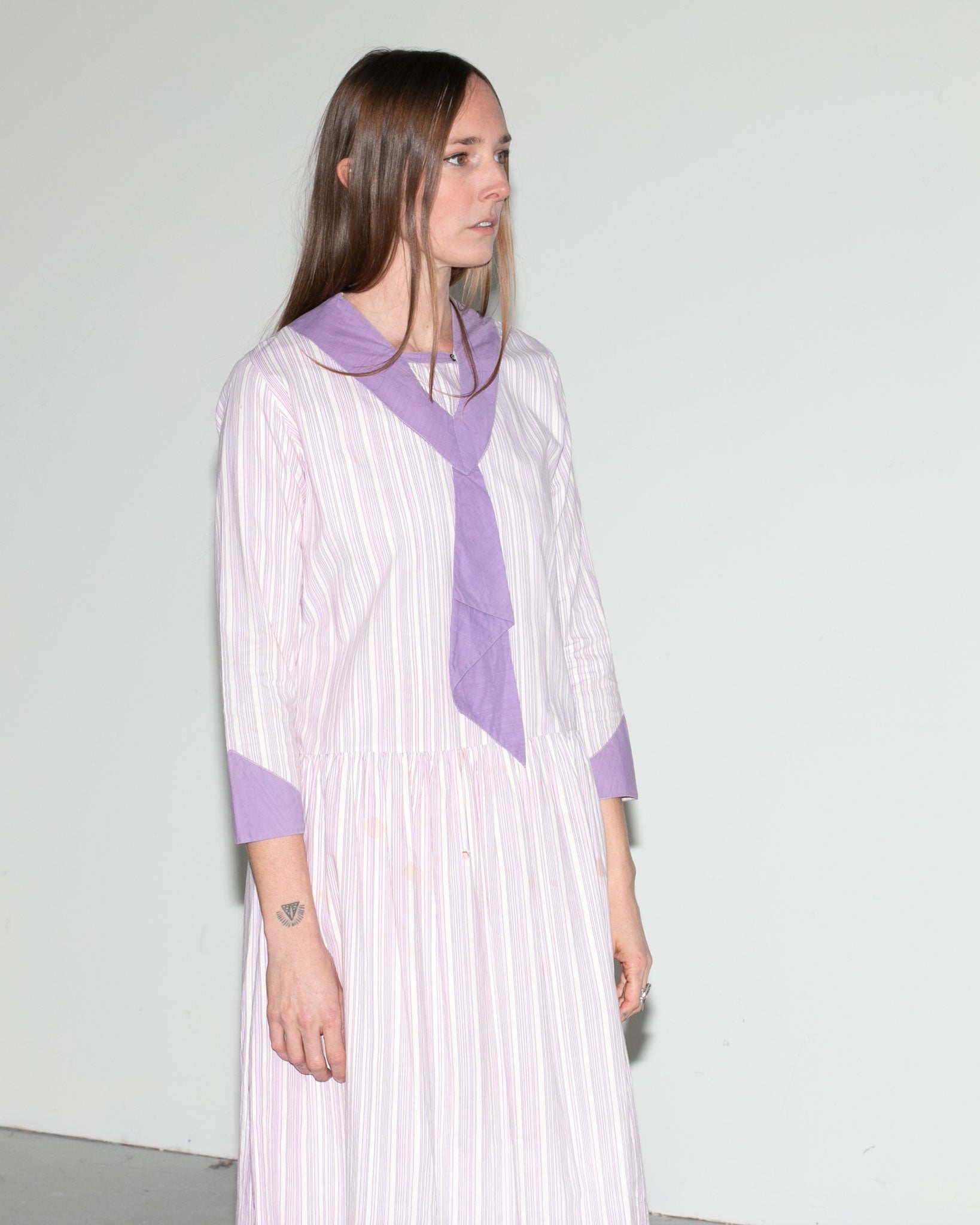 Early Vintage 1920's - 1930's Purple Striped Cotton Day Dress, Long Sleeved, Women's 20's - 30's