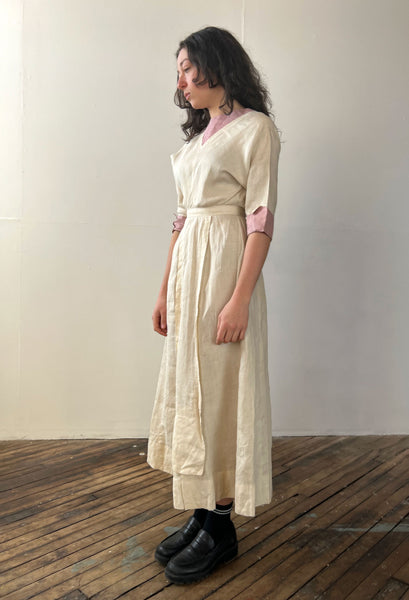 Antique Edwardian Era Cream Colored Linen Dress
