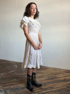 Vintage 1930's Or Earlier White Soft Cotton Dress, Ruffled, Mother of Pearl Buttons, Romantic