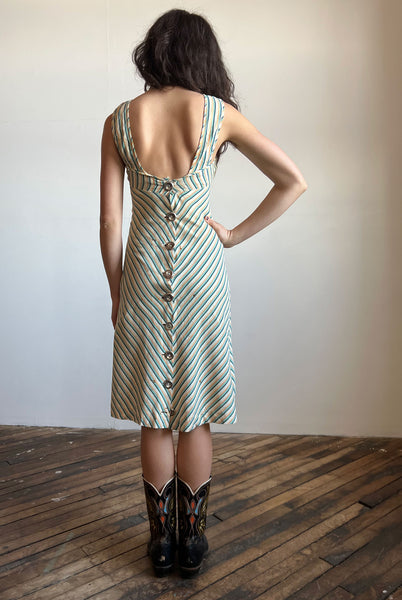 Vintage Early 1930's Striped Cotton Dress with Metal Buttons, 30's Deco, Summer Dress