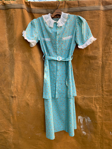 Vintage 1920's - 1930's Blue Floral Cotton Dress with White Ruffled Trim