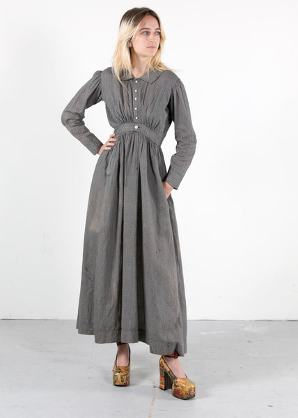 Antique 1900's Grey Calico Dress Long Sleeve Floor Length