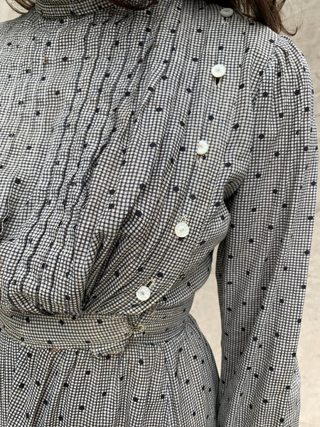 Antique 1890s 1900s Grey & White Check Polka Dot Blouse & Skirt Set