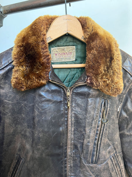 Vintage 1940's 1950's Windward Outdoor Clothing Horsehide Leather & Fur Trimmed Motorcycle Jacket, 40's Menswear / Unisex Adults