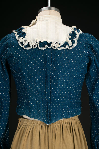 Antique 1890s-1900's Swiss Dot Indigo Bodice / Calico Blouse with Ruffles