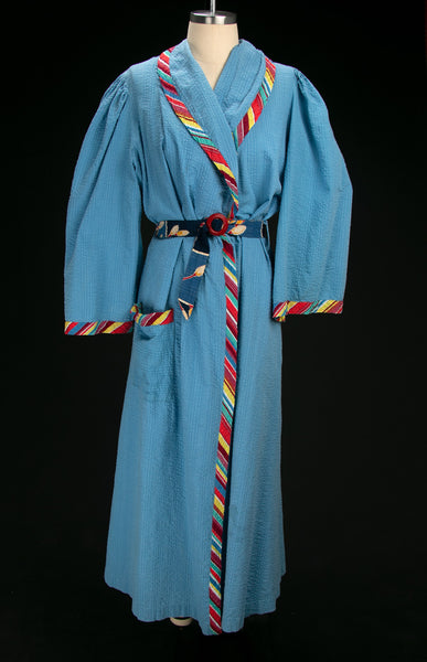 Vintage 1940's Seersucker Robe with Rainbow Stripes & Belt, 40's Loungewear, Cotton