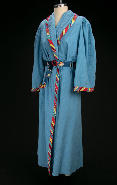 Vintage 1940's Seersucker Robe with Rainbow Stripes & Belt, 40's Loungewear, Cotton