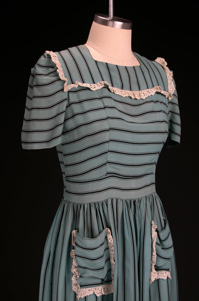 Vintage 1930's - 40's Blue & Black Striped Dress