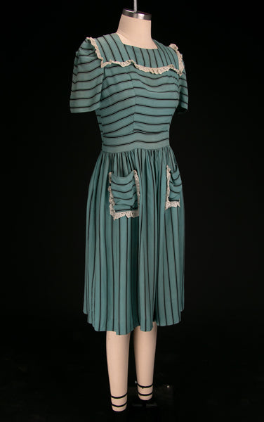 Vintage 1930's - 40's Blue & Black Striped Dress