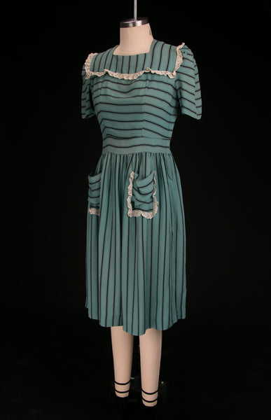 Vintage 1930's - 40's Blue & Black Striped Dress