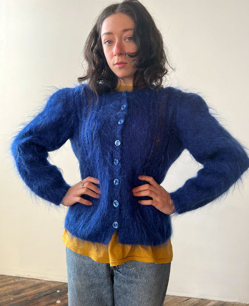 Vintage 1940's Royal Blue Mohair Cardigan / Sweater, 40's Knitwear Wool