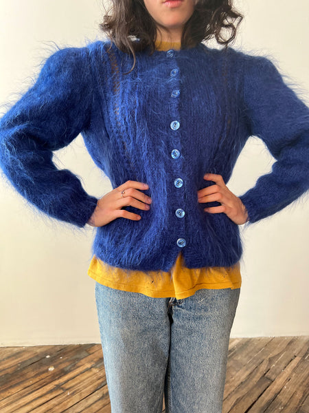 Vintage 1940's Royal Blue Mohair Cardigan / Sweater, 40's Knitwear Wool