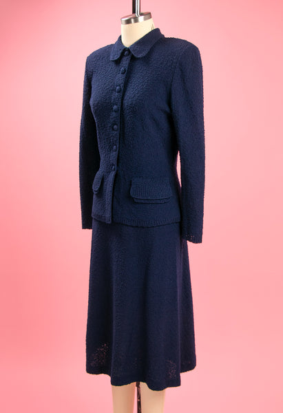 Vintage 1940's - 1950's  Navy Blue Wool Boucle Knit Set by Kimberly Knits, Knitwear