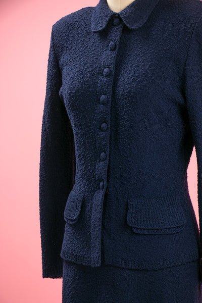 Vintage 1940's - 1950's  Navy Blue Wool Boucle Knit Set by Kimberly Knits, Knitwear