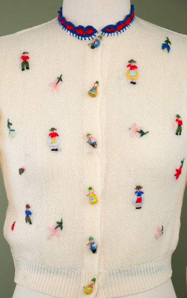 Vintage 1940's Wooden People Embroidered Sweater