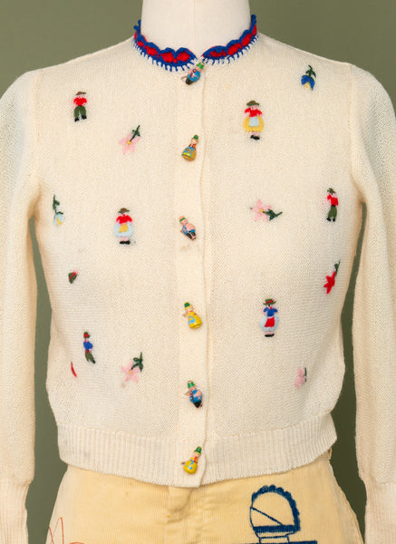 Vintage 1940's Wooden People Embroidered Sweater