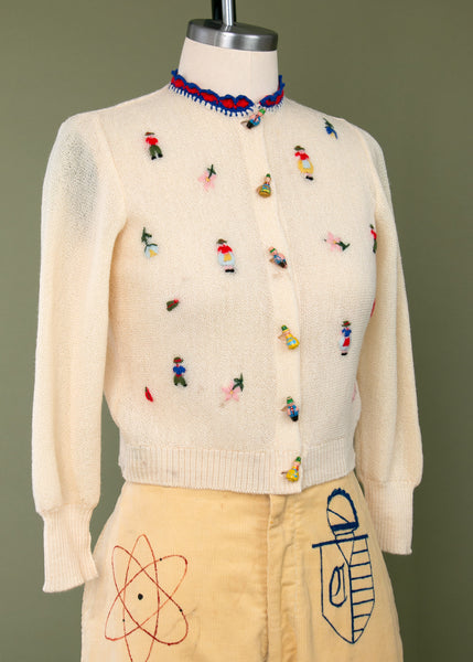 Vintage 1940's Wooden People Embroidered Sweater