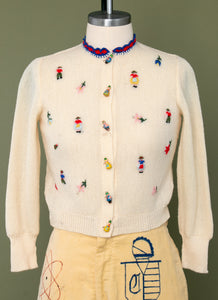 Vintage 1940's Wooden People Embroidered Sweater