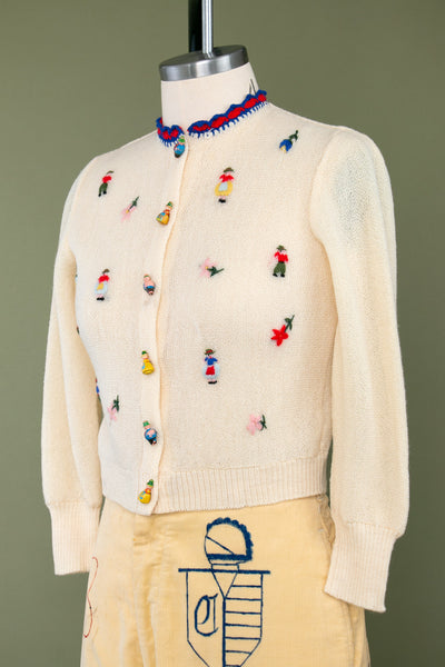 Vintage 1940's Wooden People Embroidered Sweater