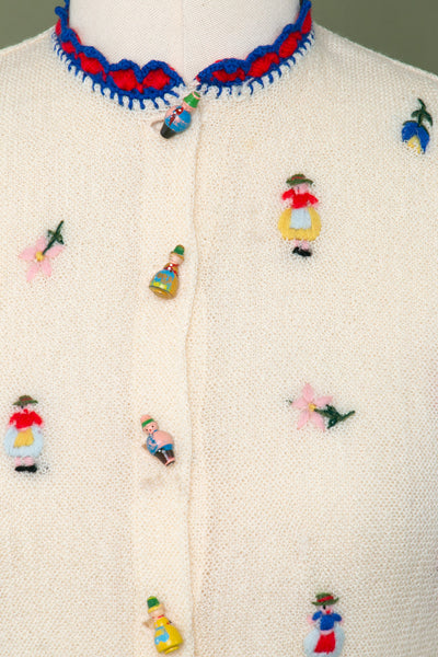 Vintage 1940's Wooden People Embroidered Sweater
